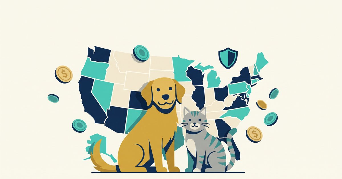 Illustration of a dog and a cat in front of a US map with coins and a shield, representing pet insurance costs by state in 2026