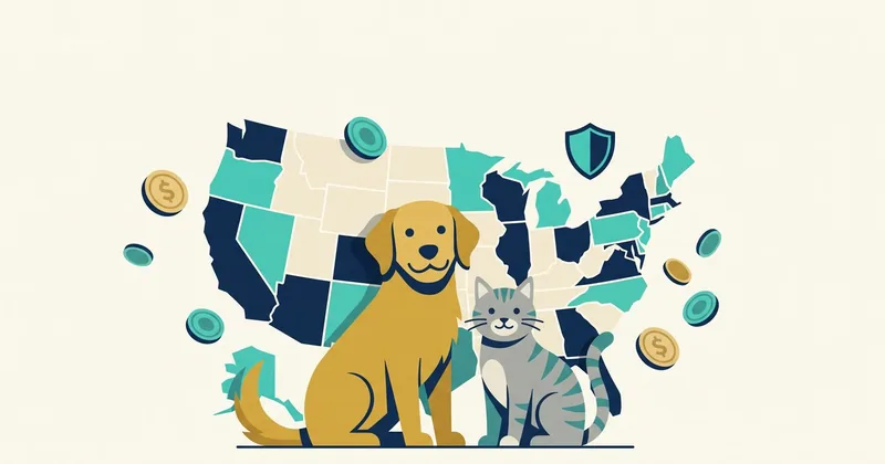 Illustration of a dog and a cat in front of a US map, representing pet insurance costs by state in 2026