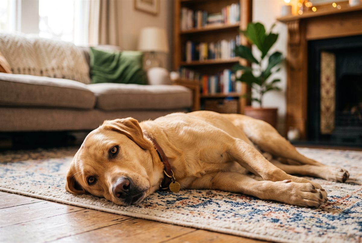 A dog resting after a walk — a torn ACL (cranial cruciate ligament) is one of the most common orthopedic injuries in dogs, and TPLO surgery can cost $3,500–$7,000.