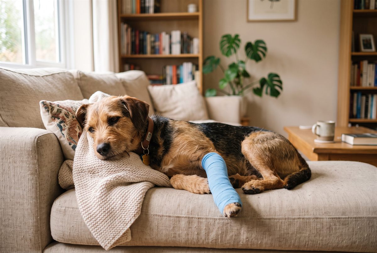 A dog resting with a bandaged front leg after a fracture — treating a broken leg costs about $1,400–$5,800, and surgery runs $2,000–$5,000 or more.