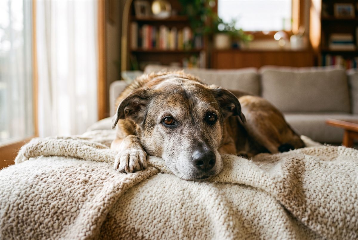 A senior dog resting calmly at home — cancer treatment such as chemotherapy or radiation commonly costs $3,000–$10,000 and can reach $20,000 for combination care.