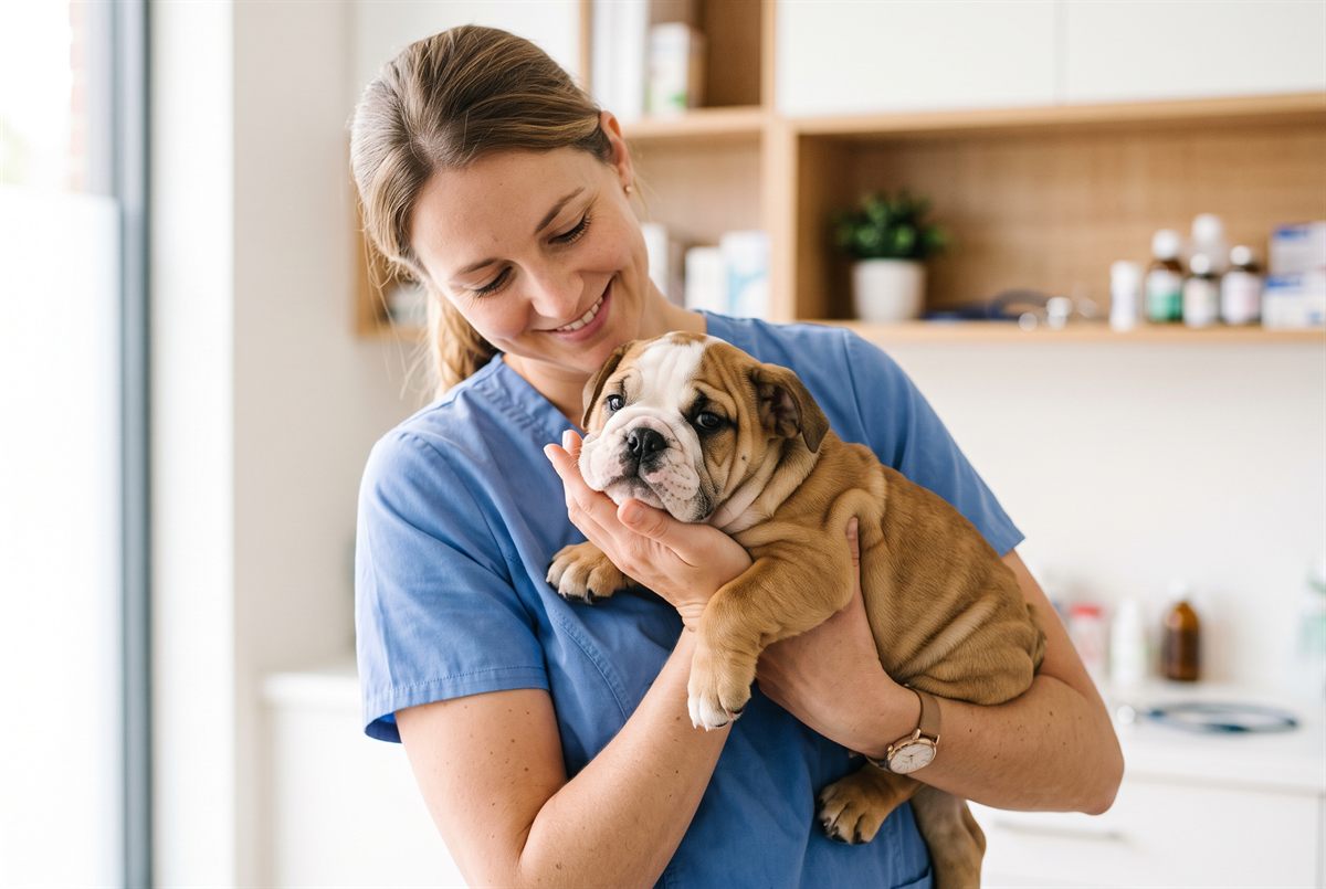A young bulldog-type dog at the vet — cherry eye surgery to reposition the third-eyelid gland costs about $300 to $1,900 per eye.