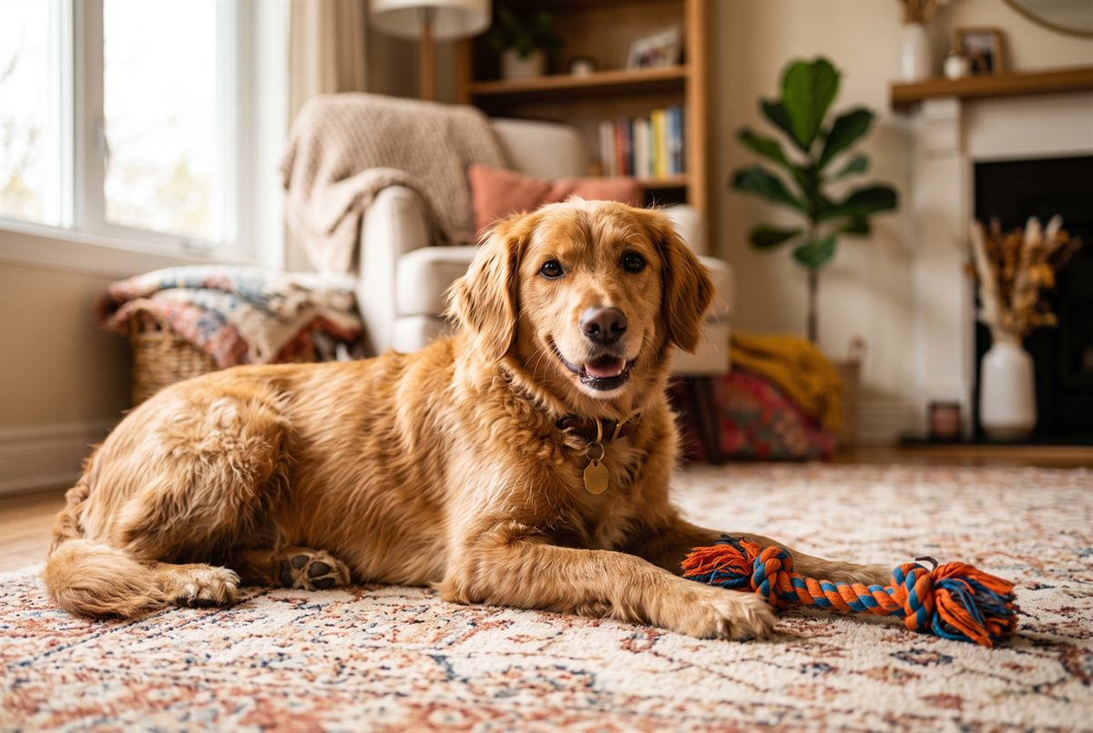 A dog resting at home with a chew toy — swallowing a toy, sock, or bone can cause an intestinal blockage whose emergency surgery averages about $4,400.