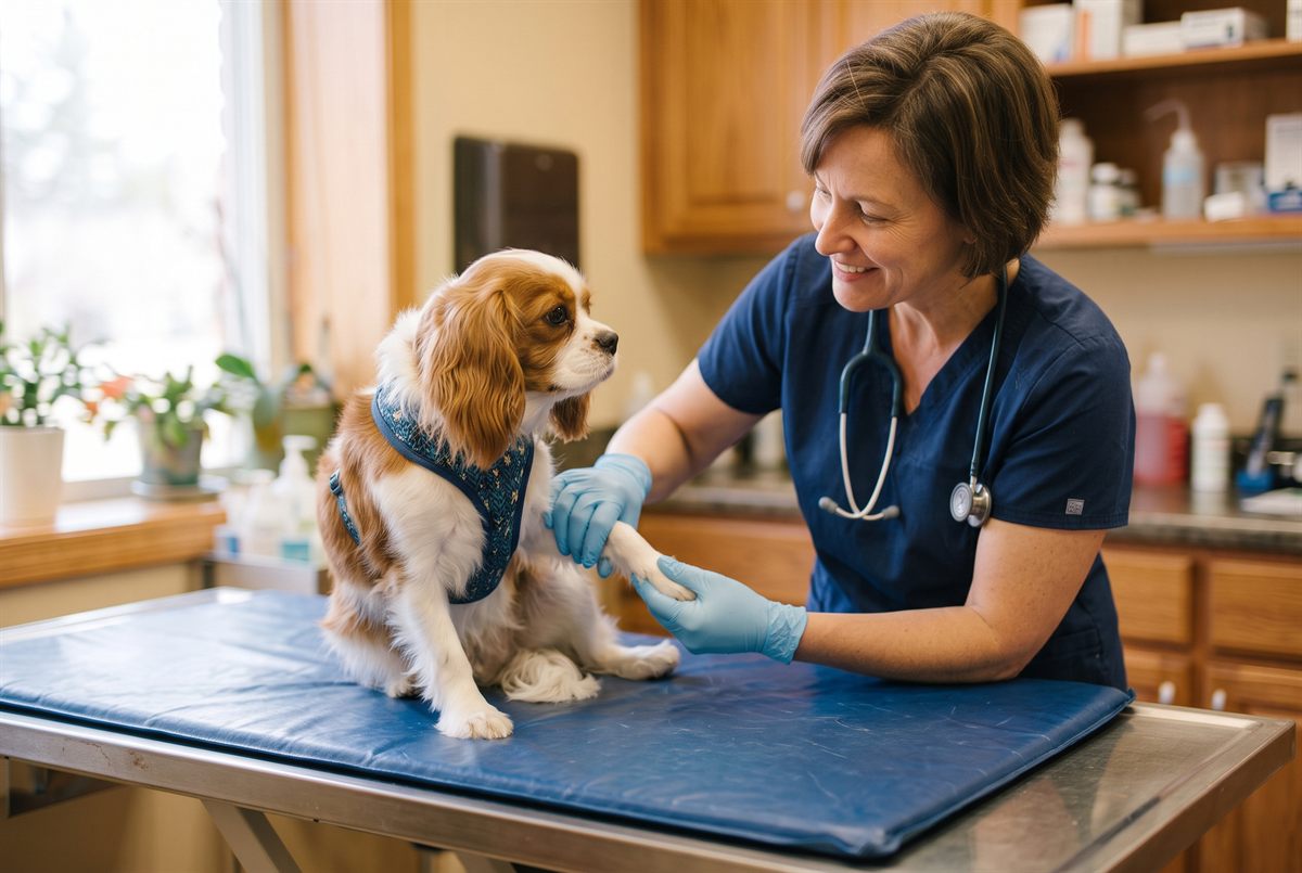 A small-breed dog having its leg examined by a vet — luxating patella surgery costs about $1,500 to $5,000 per knee.