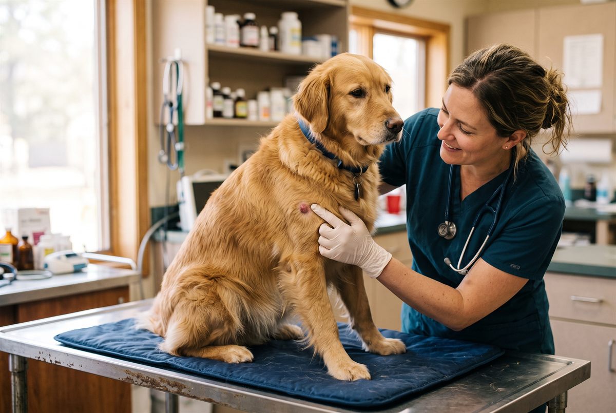 A dog being examined by a vet who checks a small skin lump — removing a tumor costs about $250 to $2,100 or more depending on the type.