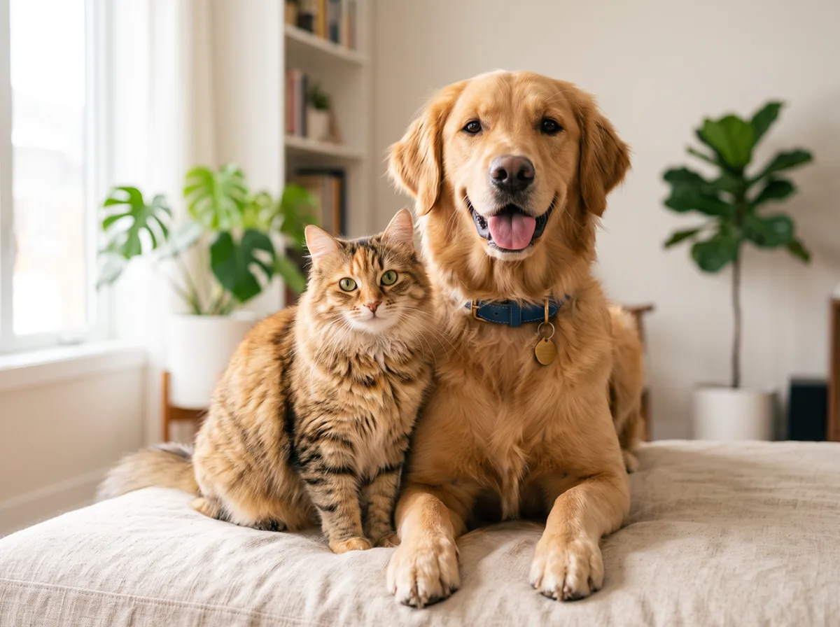 A happy golden retriever and a tabby cat sitting together at home
