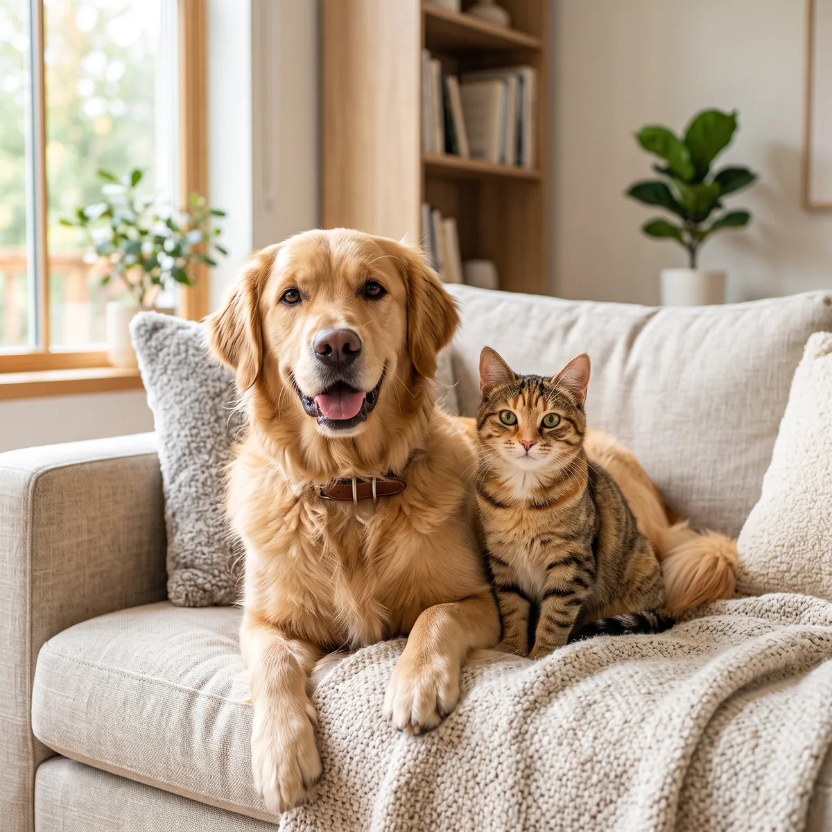Happy dog and cat sitting together on a couch