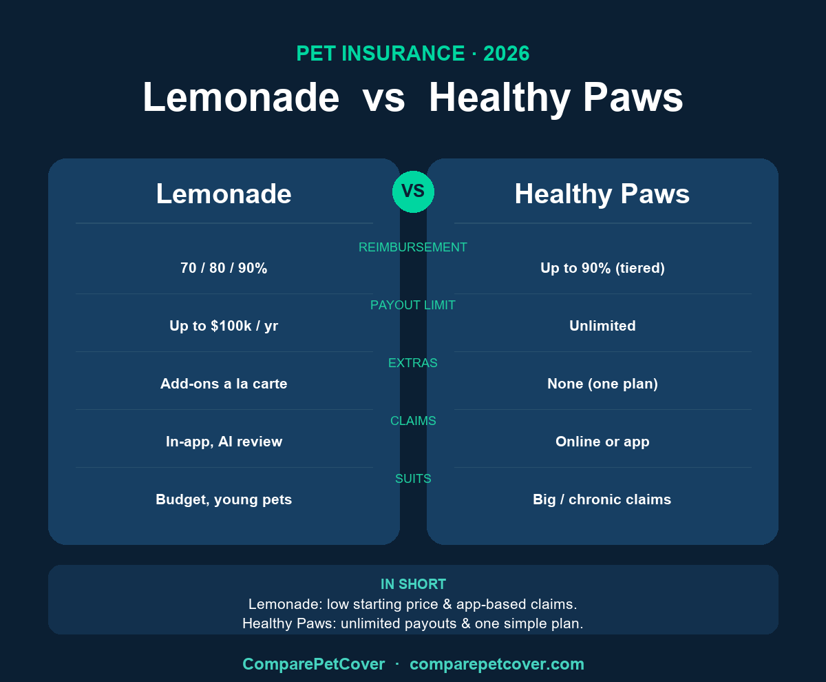 Lemonade vs Healthy Paws 2026 comparison chart: reimbursement, payout limit, add-ons, claims, who each suits