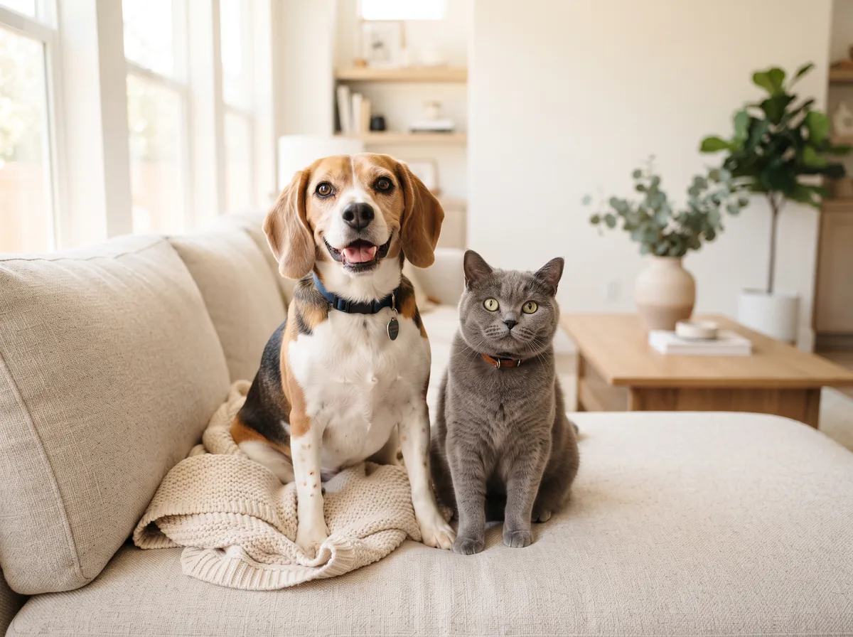 A cheerful beagle dog and a grey cat sitting together on a sofa