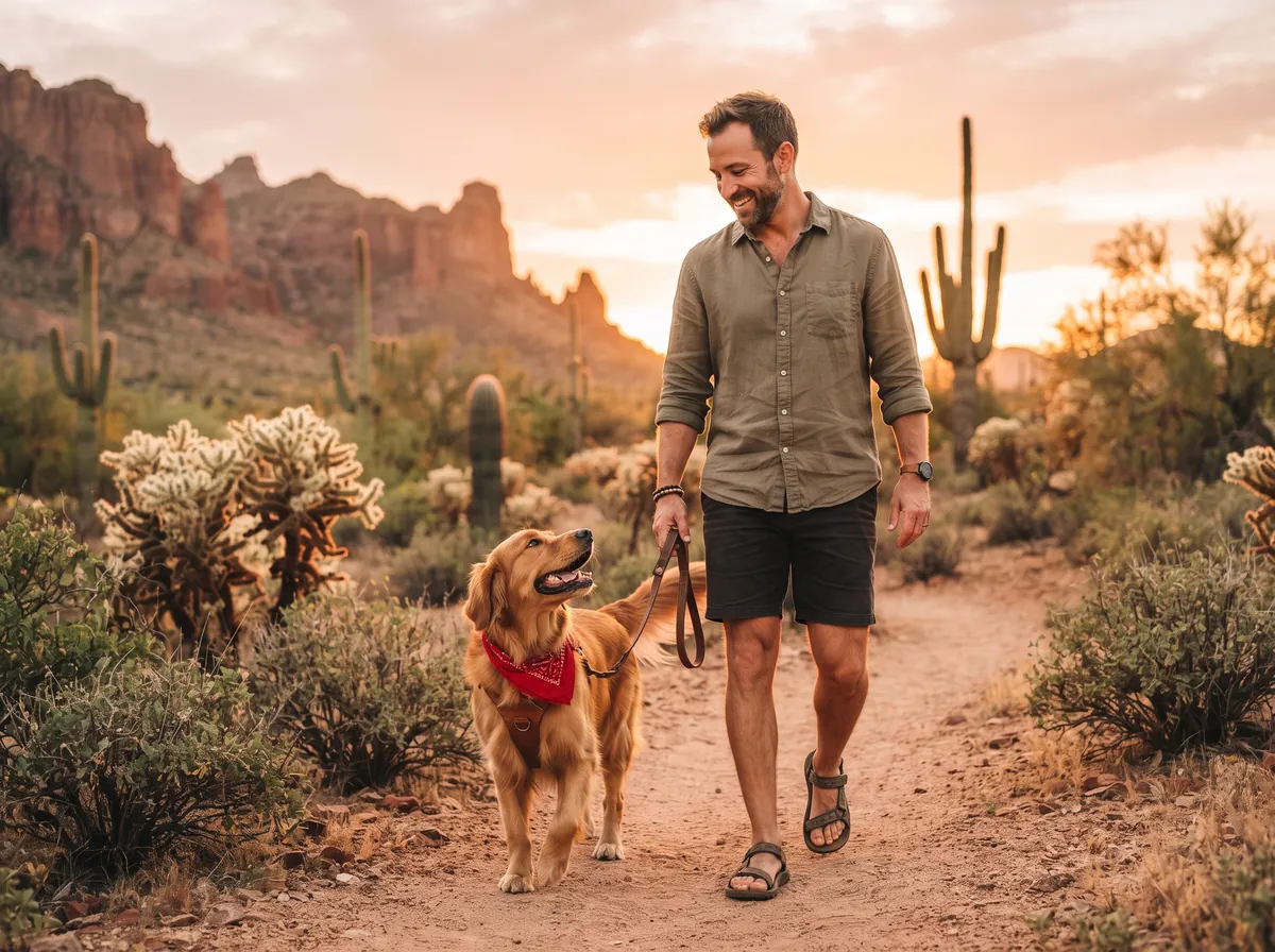 Dog owner with a happy dog in the Arizona desert at golden hour