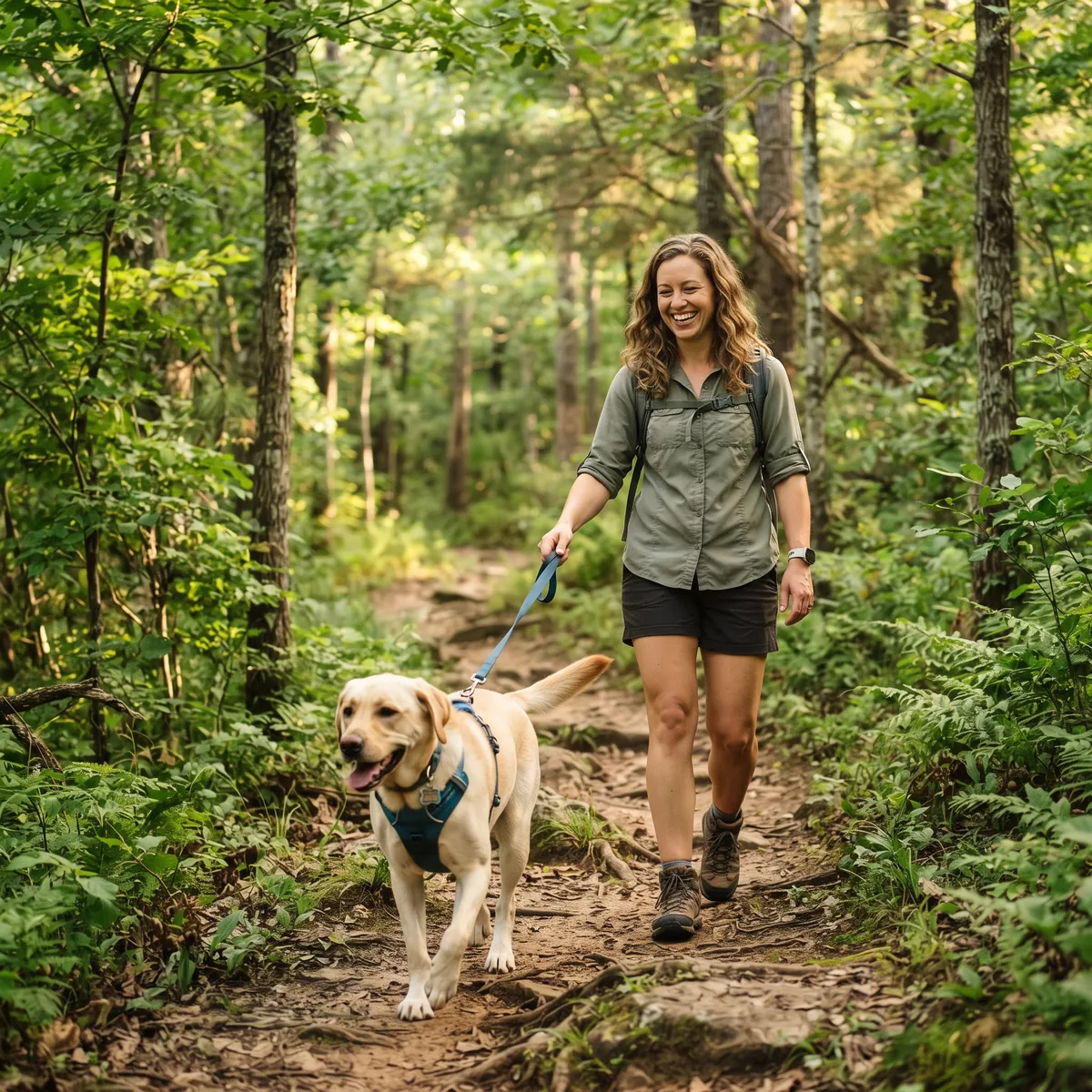 Dog owner with a happy dog on a green Arkansas Ozark trail in summer
