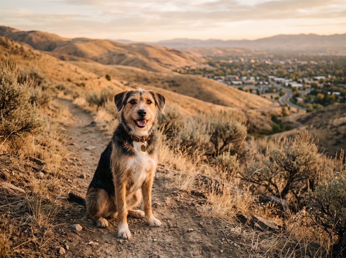 A dog sitting on a Boise Foothills trail at golden hour with the Treasure Valley below — trail injuries, rattlesnake bites and foxtails drive most local pet insurance claims.
