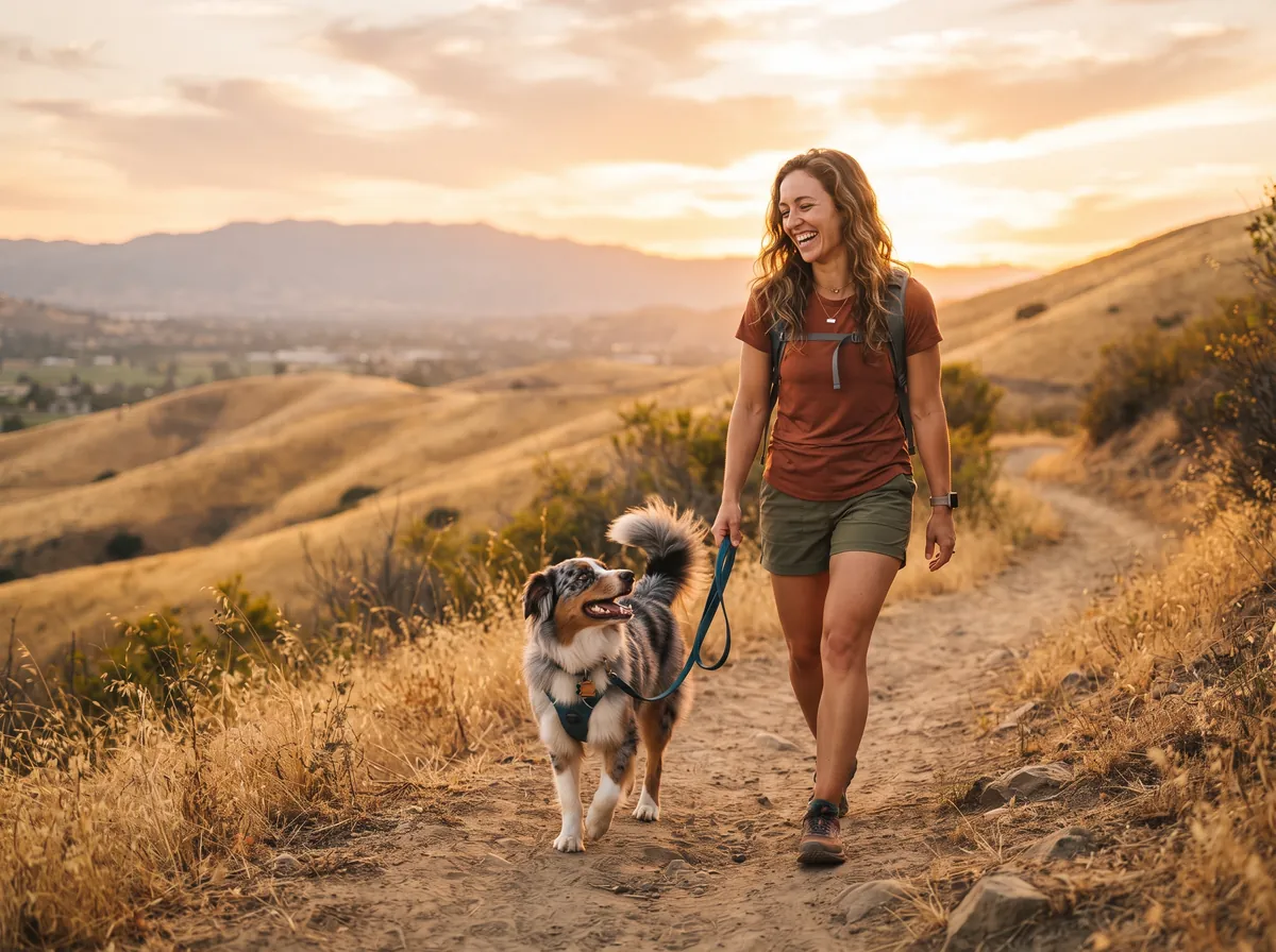 Dog owner hiking a golden California trail with a happy dog