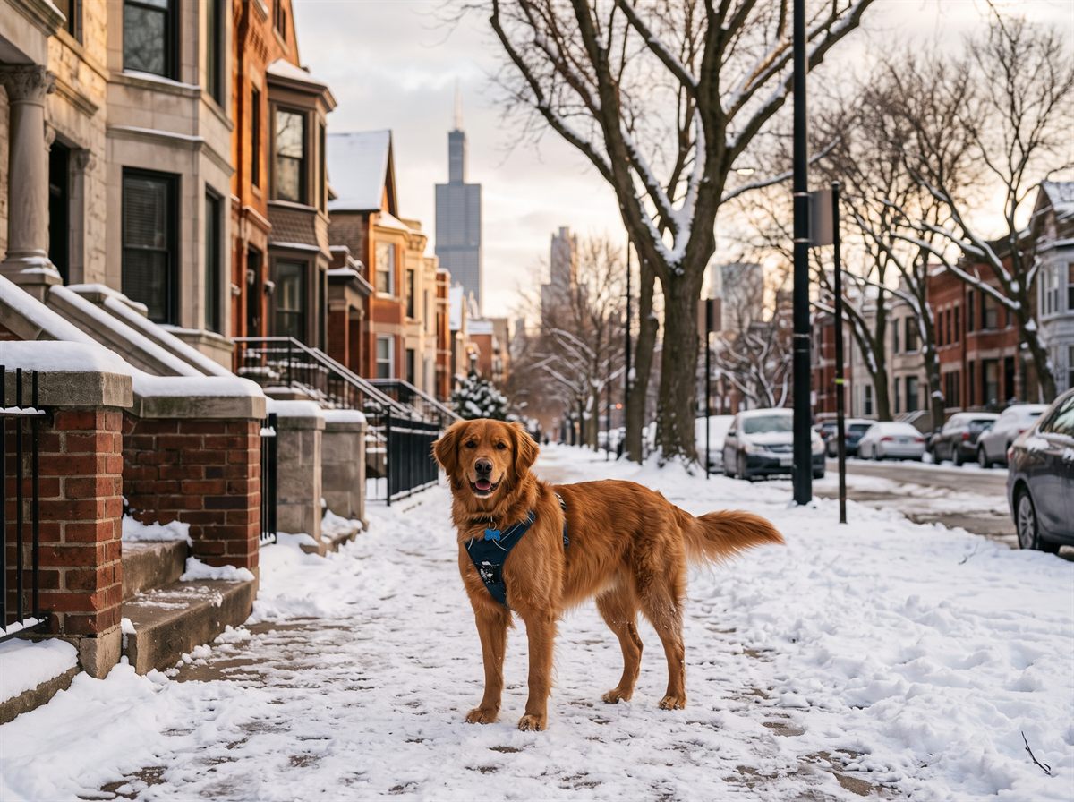 A dog on a Chicago sidewalk in winter, the season when road salt, antifreeze and ice drive a large share of the city's pet insurance claims.