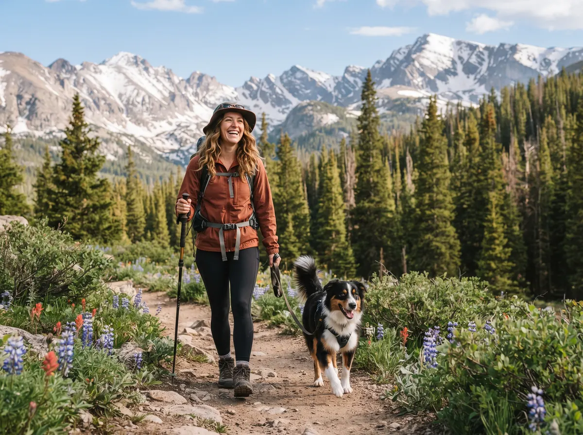 Dog owner hiking with a happy dog in the Colorado Rocky Mountains
