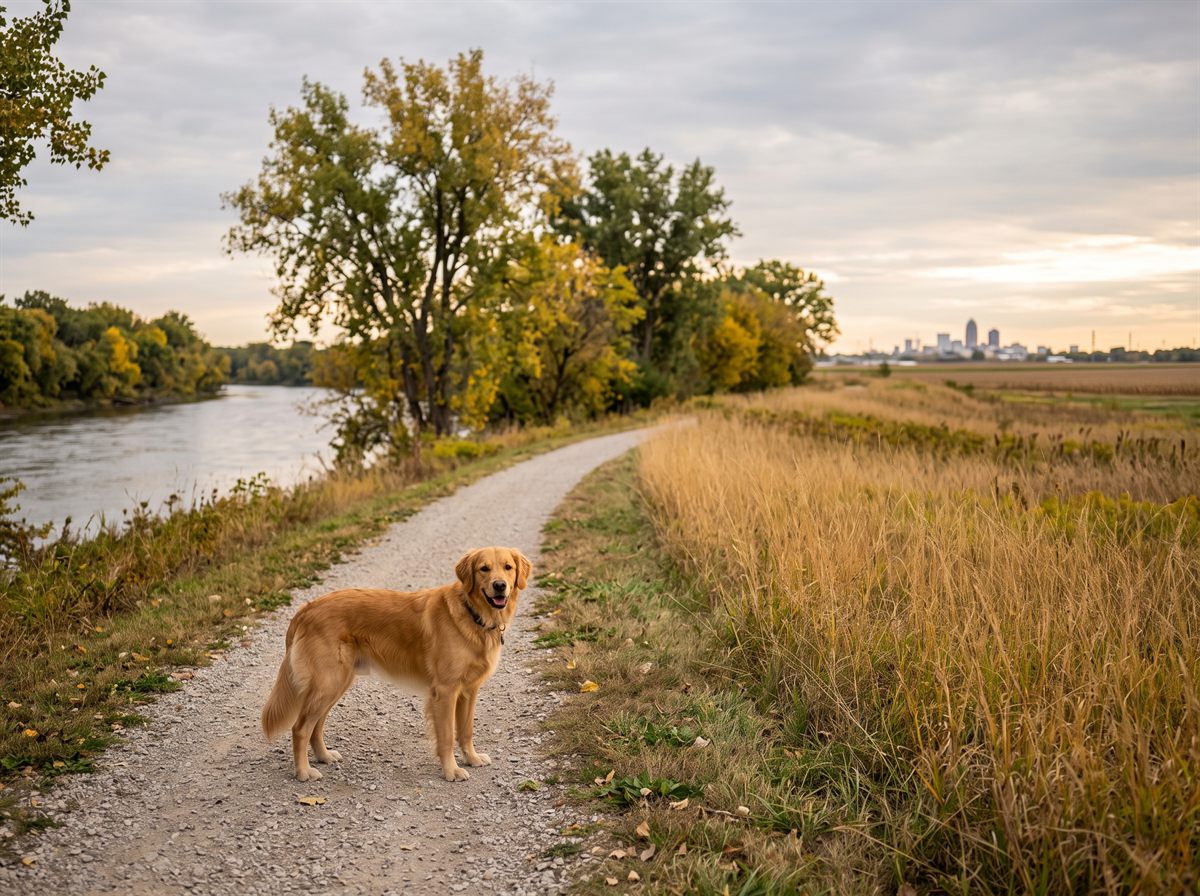 A dog beside a river trail on the edge of Des Moines — leptospirosis, ticks and hard winters are the risks that drive most local pet insurance claims.