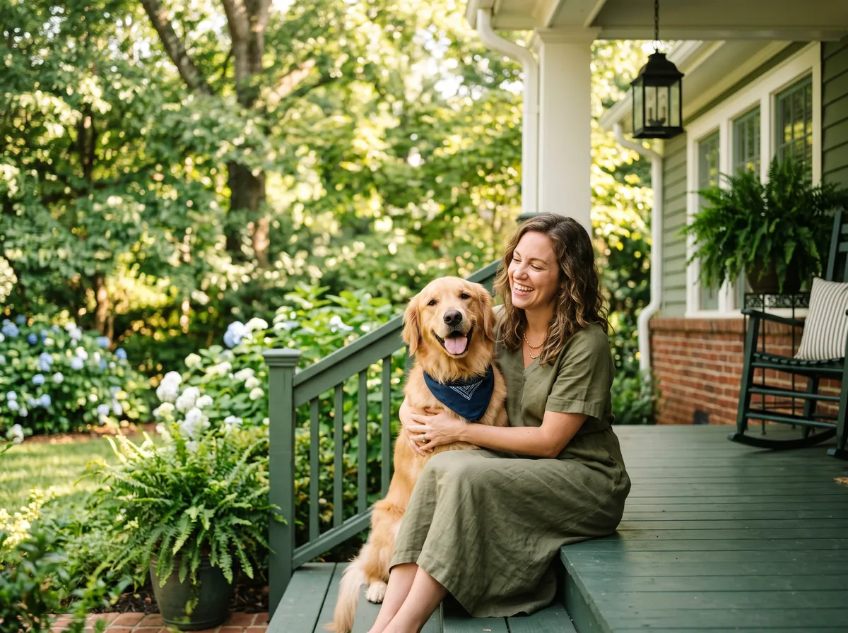 Dog owner with a happy dog on a green Georgia porch in summer