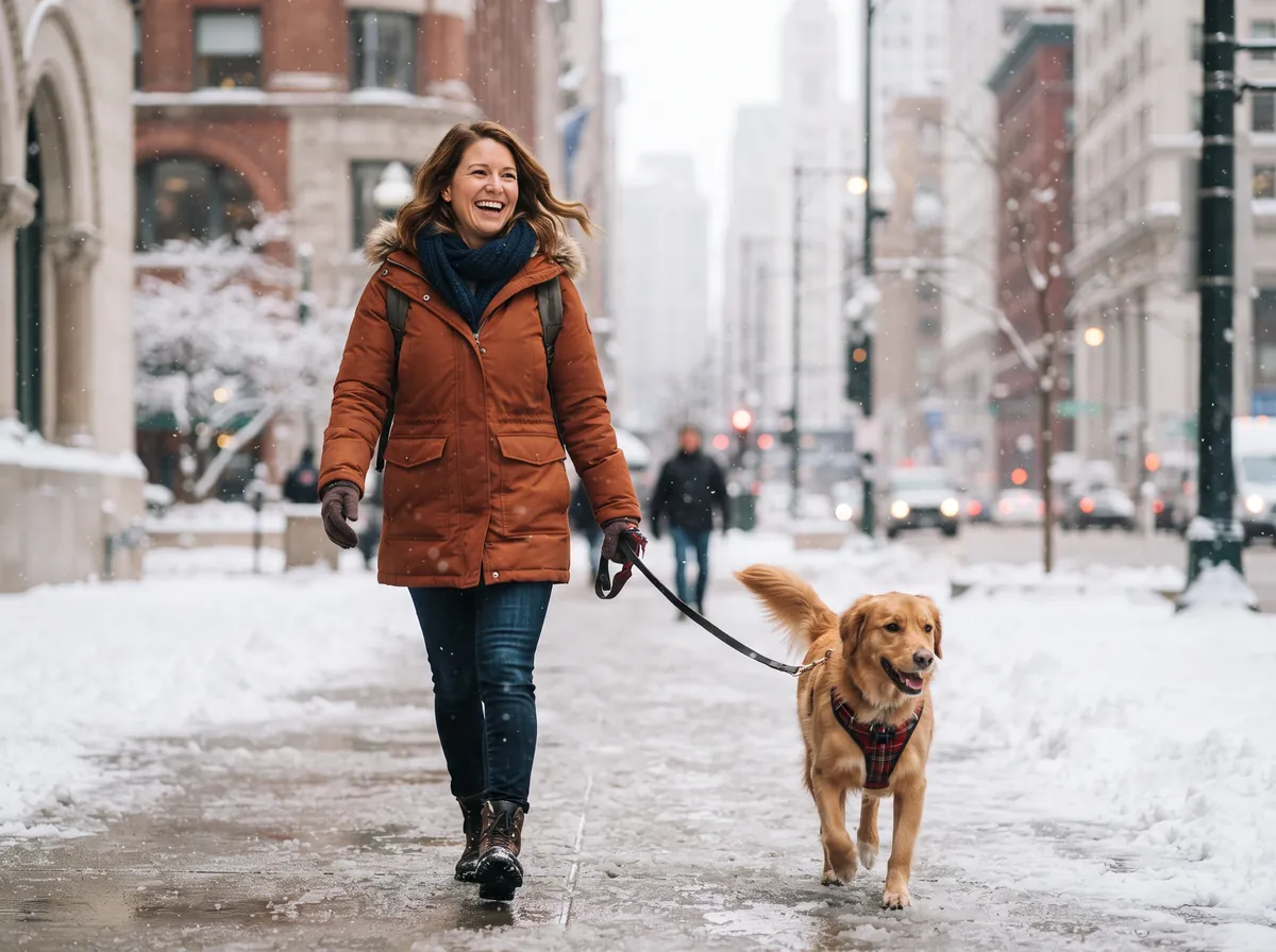 Dog owner with a happy dog on a snowy Chicago street in winter