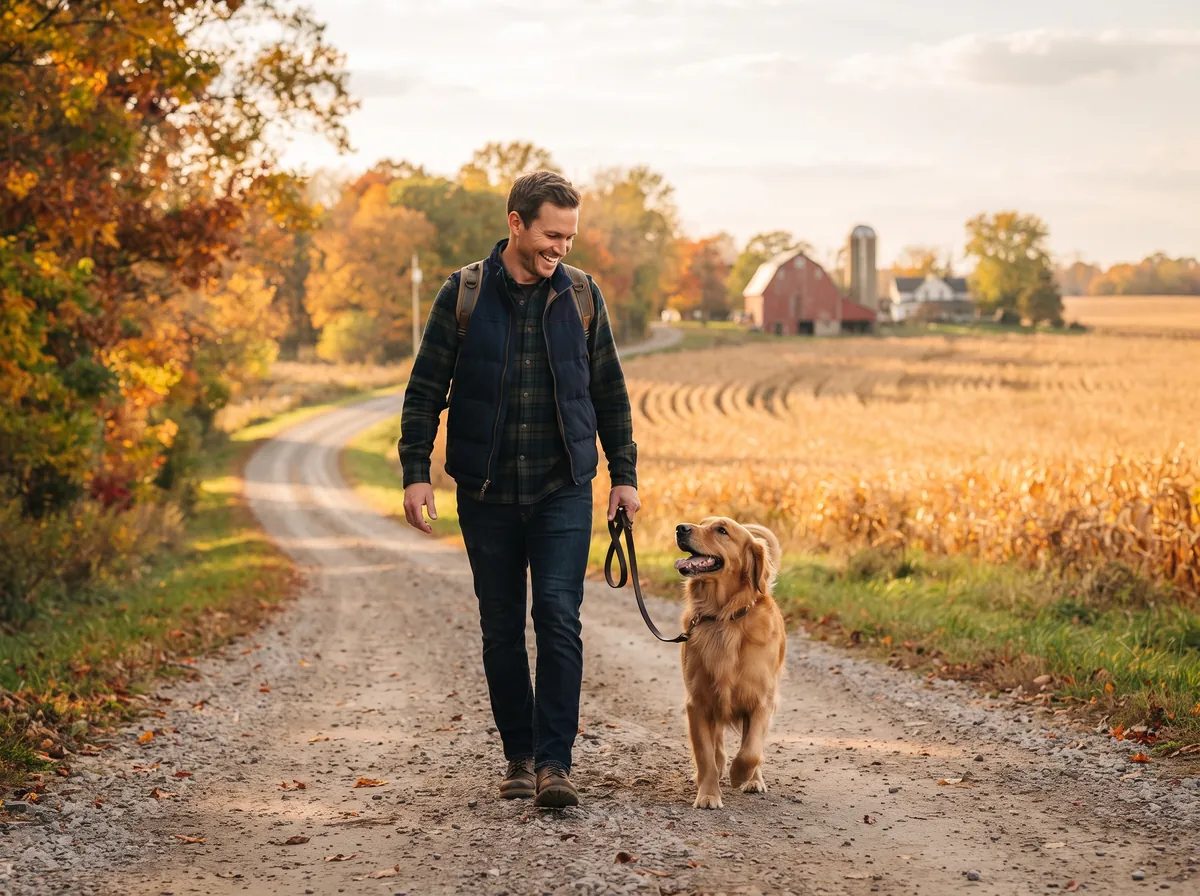 Dog owner with a happy dog on an Indiana farm road in autumn