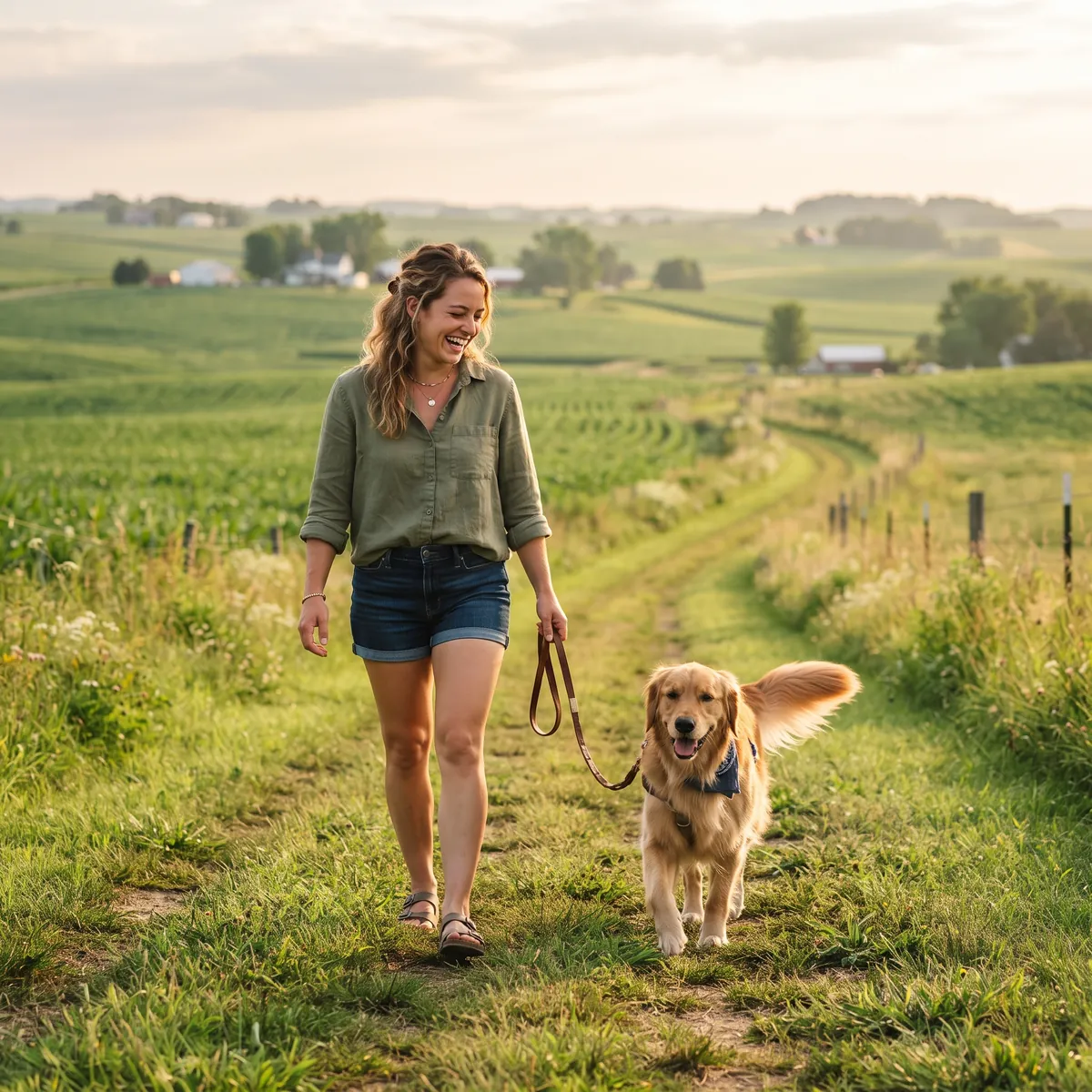 Dog owner with a happy dog on a green Iowa country path in summer
