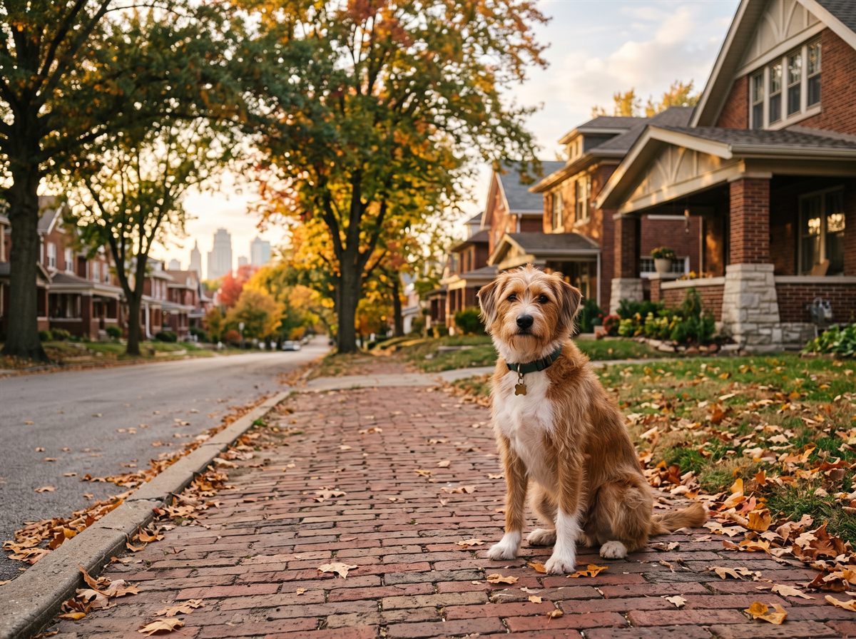 A dog on a neighbourhood street in Kansas City, the metro where a state line running through the middle changes what pet owners pay for insurance.