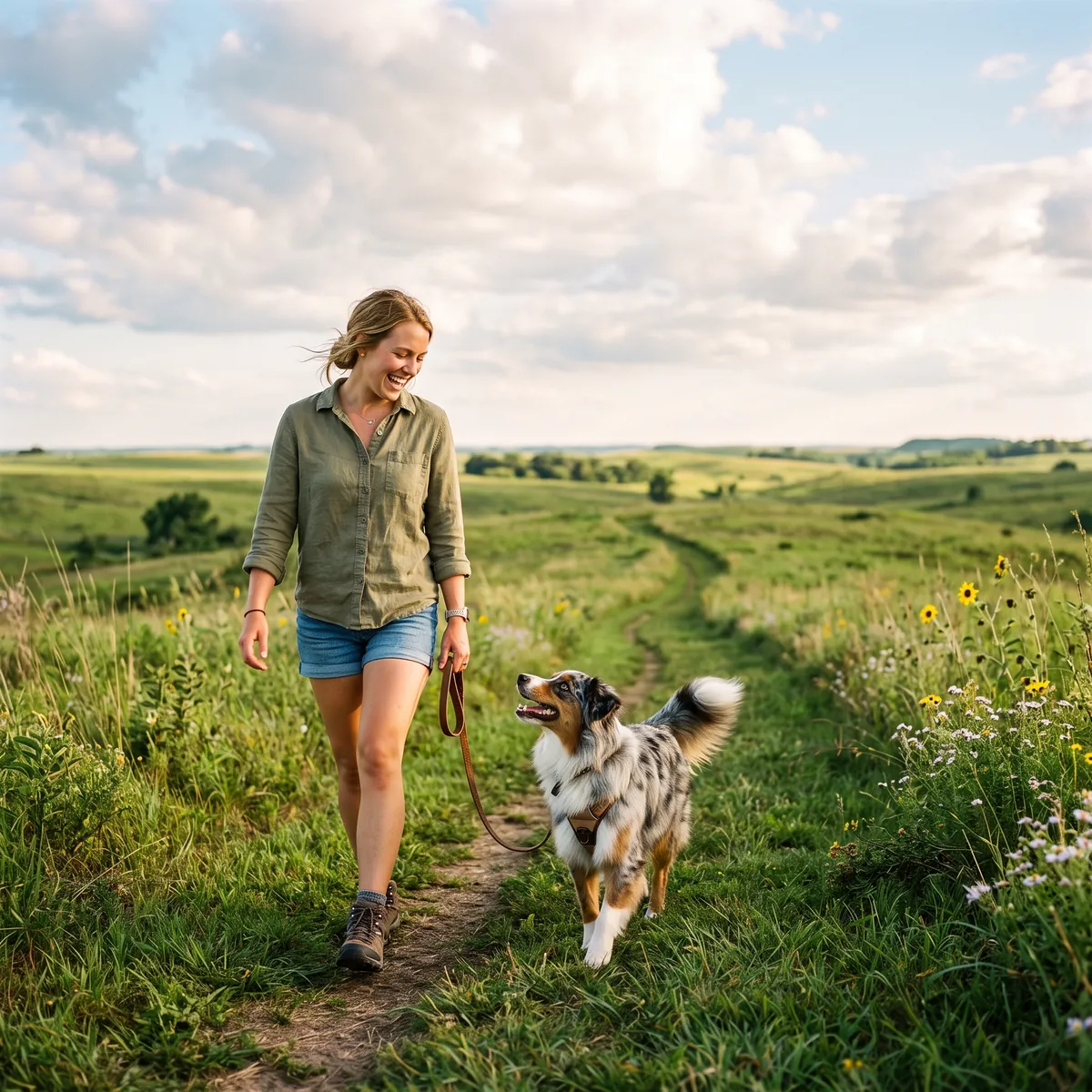 Dog owner with a happy dog on a green Kansas prairie path in summer