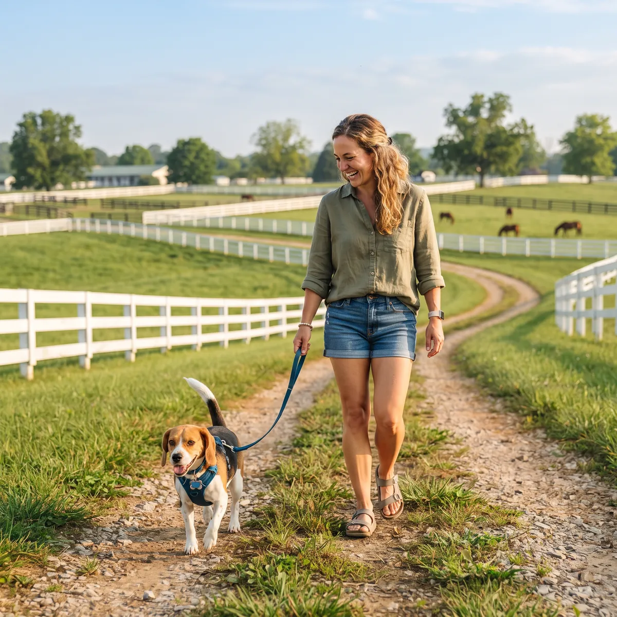 Dog owner with a happy dog on a green Kentucky bluegrass path in summer