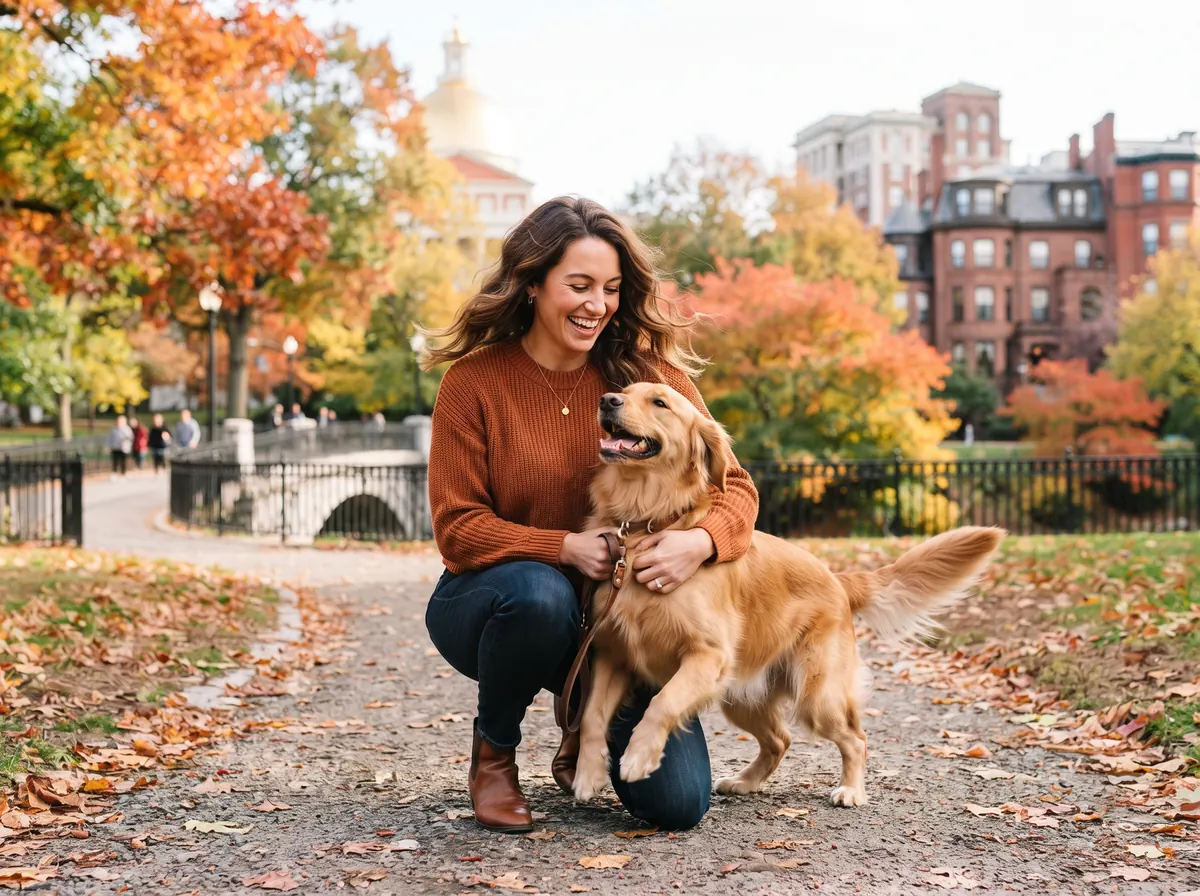 Dog owner with a happy dog in a Boston park in autumn