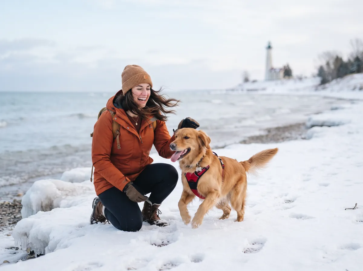 Dog owner with a happy dog by a snowy Great Lakes shoreline in Michigan