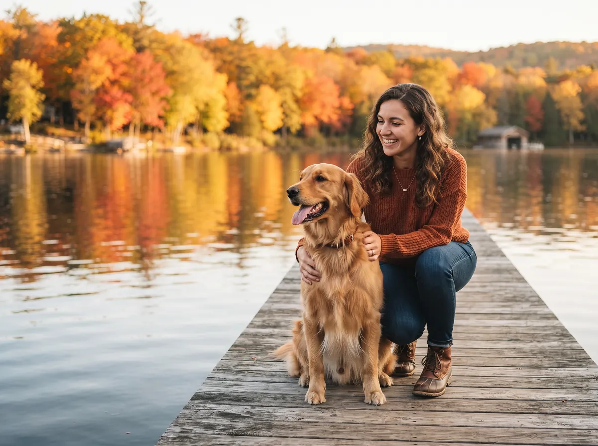 Dog owner with a happy dog by a Minnesota lake in autumn