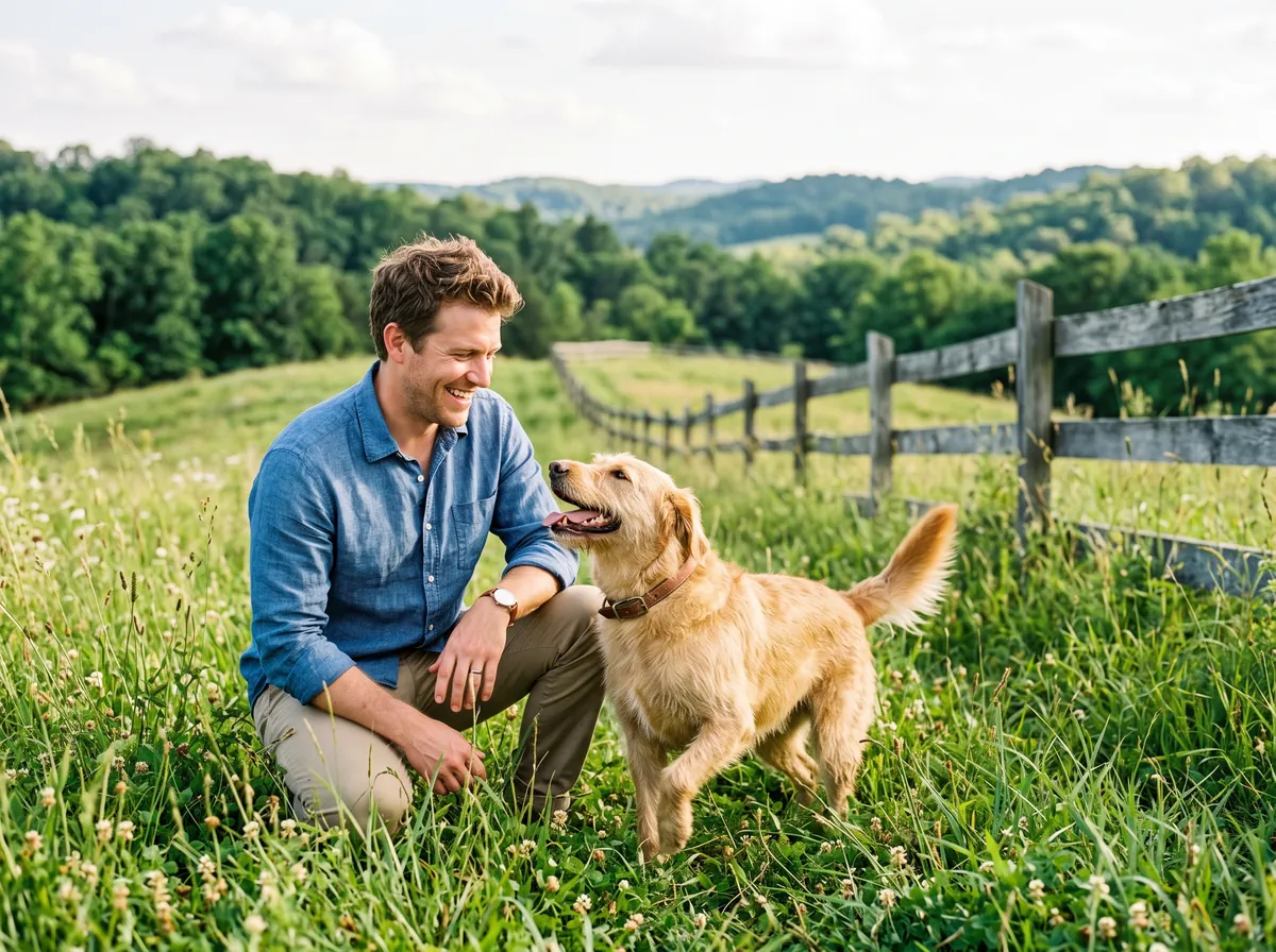 Dog owner with a happy dog in a green Missouri Ozarks meadow in summer