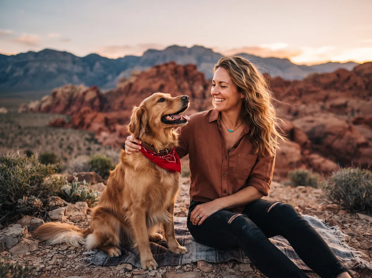 Dog owner with a happy dog in the Nevada desert near Las Vegas at dusk