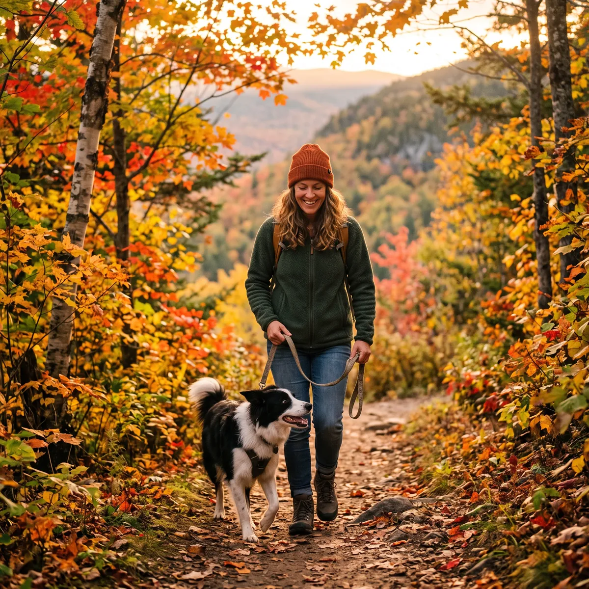 Dog owner with a happy dog on a New Hampshire mountain trail in autumn