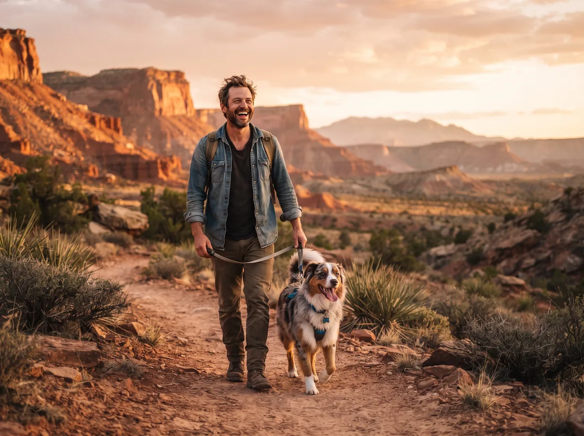 Dog owner with a happy dog in the New Mexico high desert at golden hour