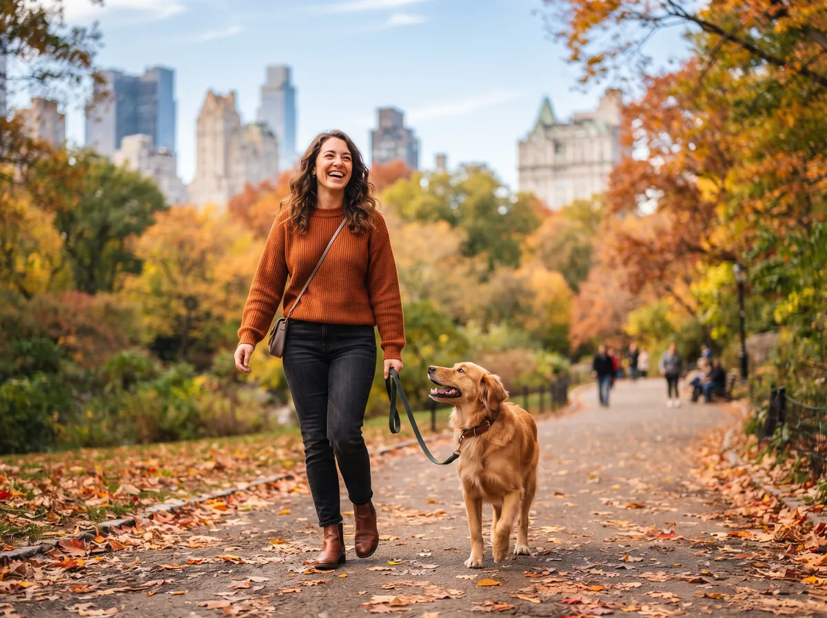 Dog owner walking a happy dog in a New York City park