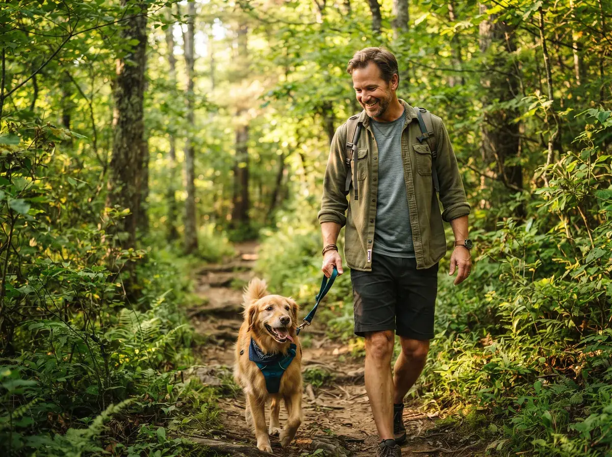 Dog owner with a happy dog on a green North Carolina trail in summer