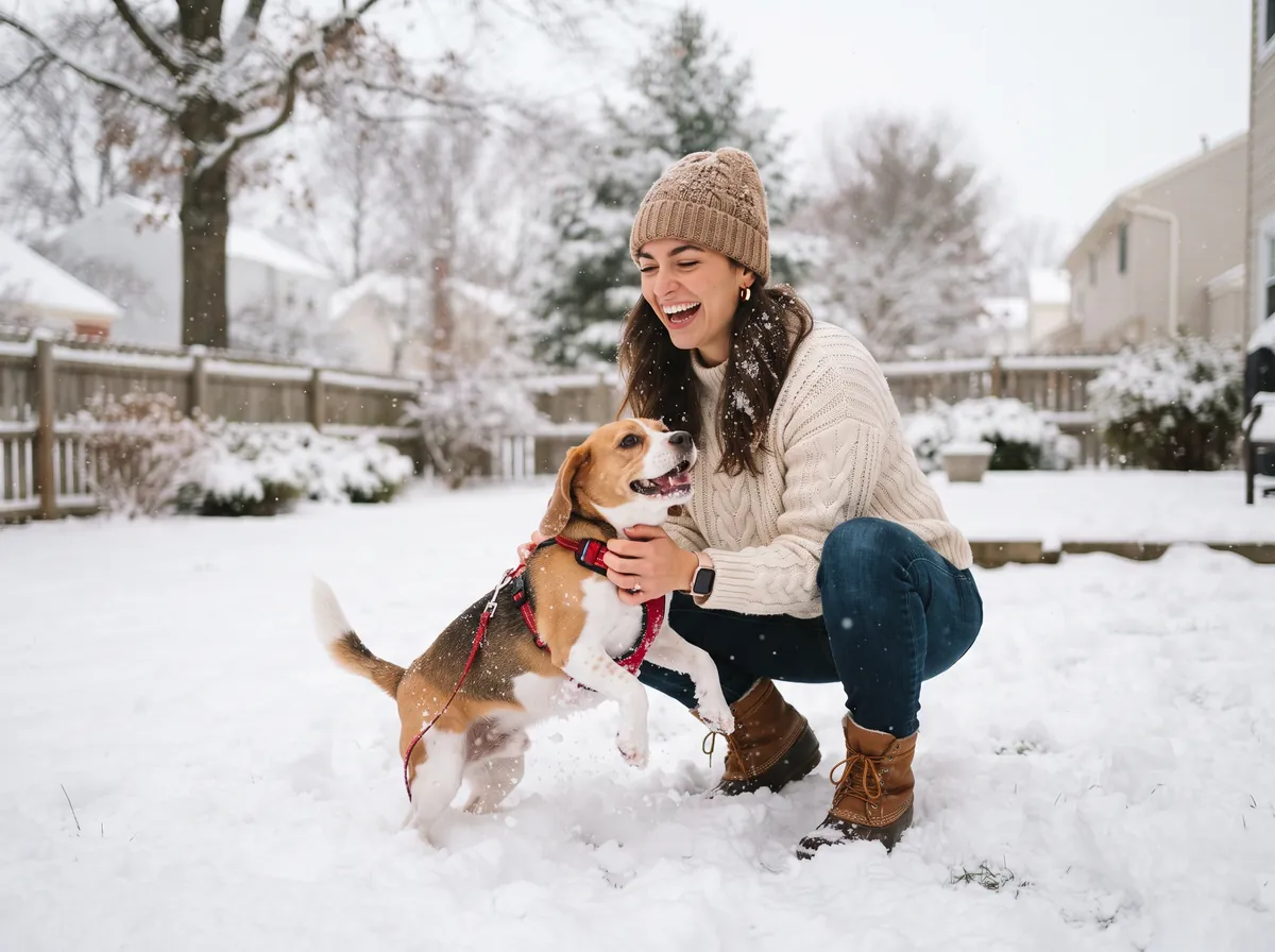 Dog and owner in an Ohio backyard during winter