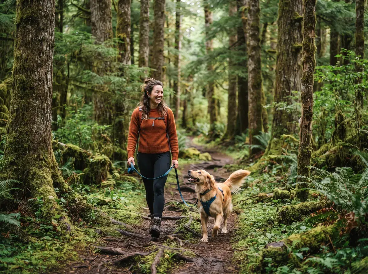 Dog owner with a happy dog on a lush green Oregon forest trail