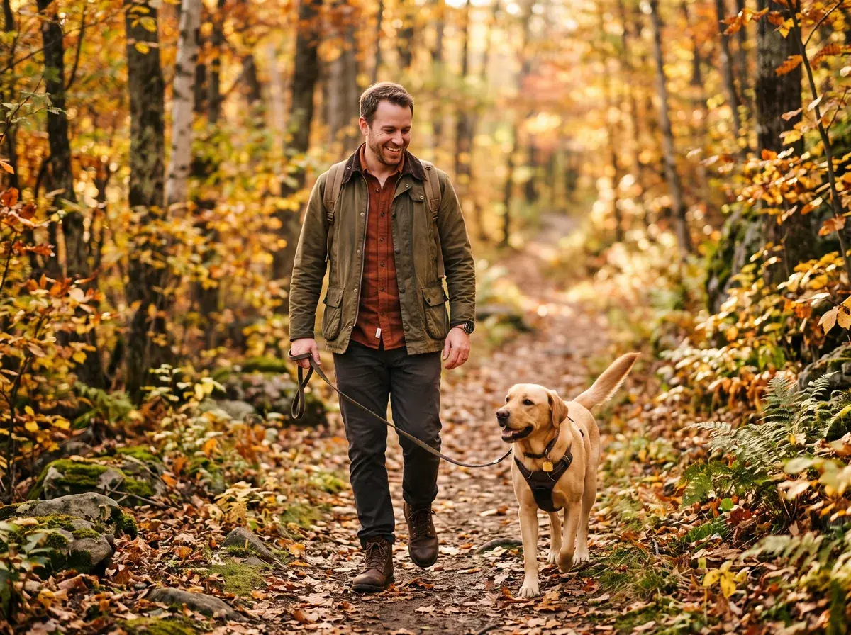 Dog owner walking through a wooded Pennsylvania trail in tick season