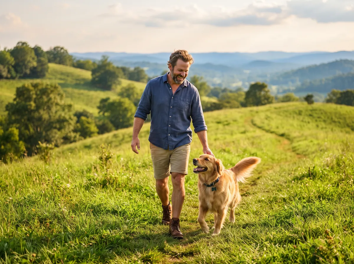 Dog owner with a happy dog on a green Tennessee hillside in summer