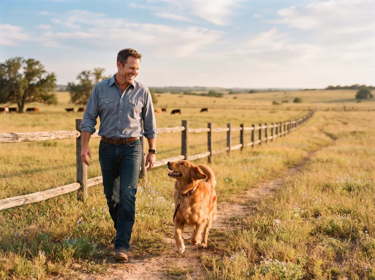Dog owner with a happy dog on a sunny Texas ranch