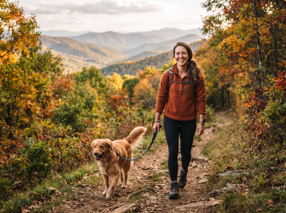 Dog owner with a happy dog on a green Virginia trail in the Blue Ridge foothills