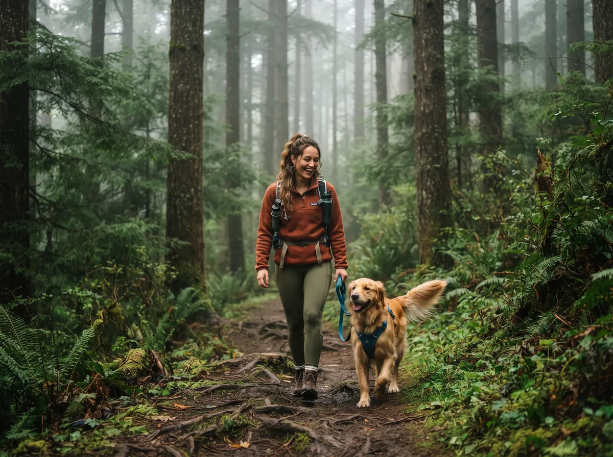 Dog owner with a happy dog on a green Pacific Northwest trail near Seattle