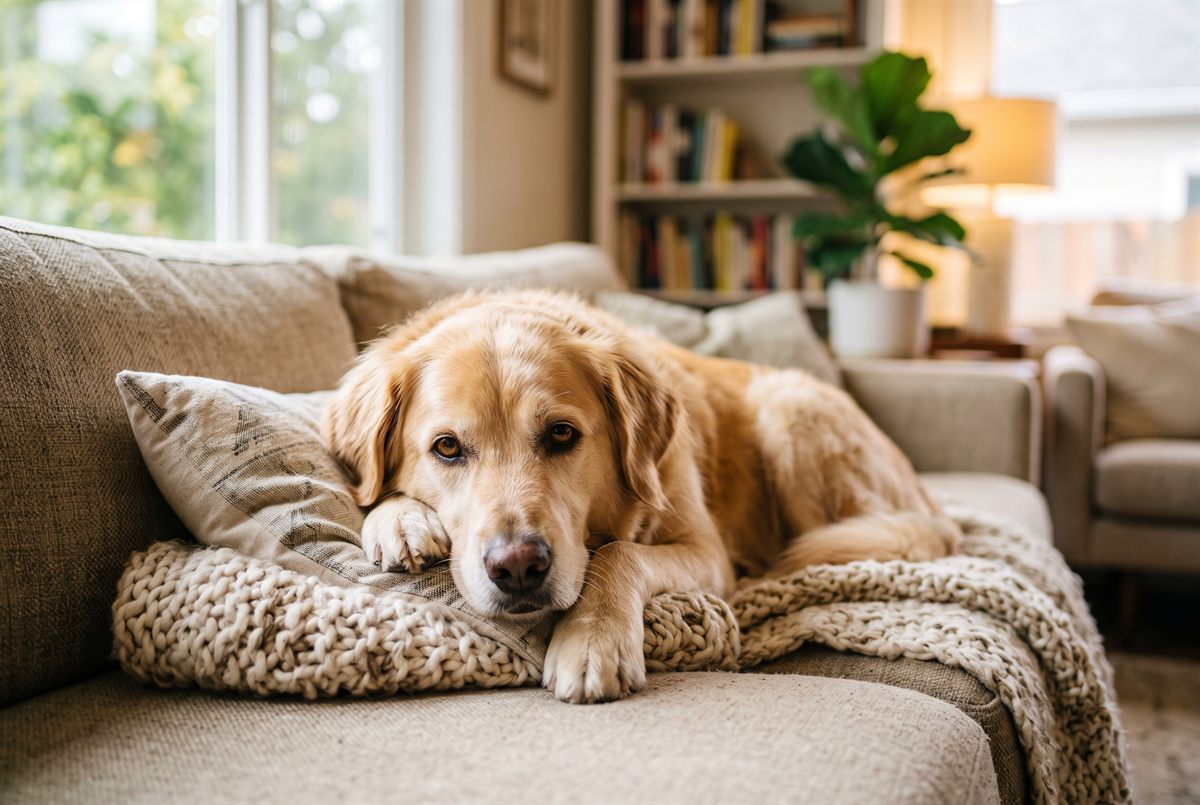 A female dog resting at home — pyometra is a life-threatening uterine infection in unspayed females, and emergency surgery often costs $3,000–$6,000.